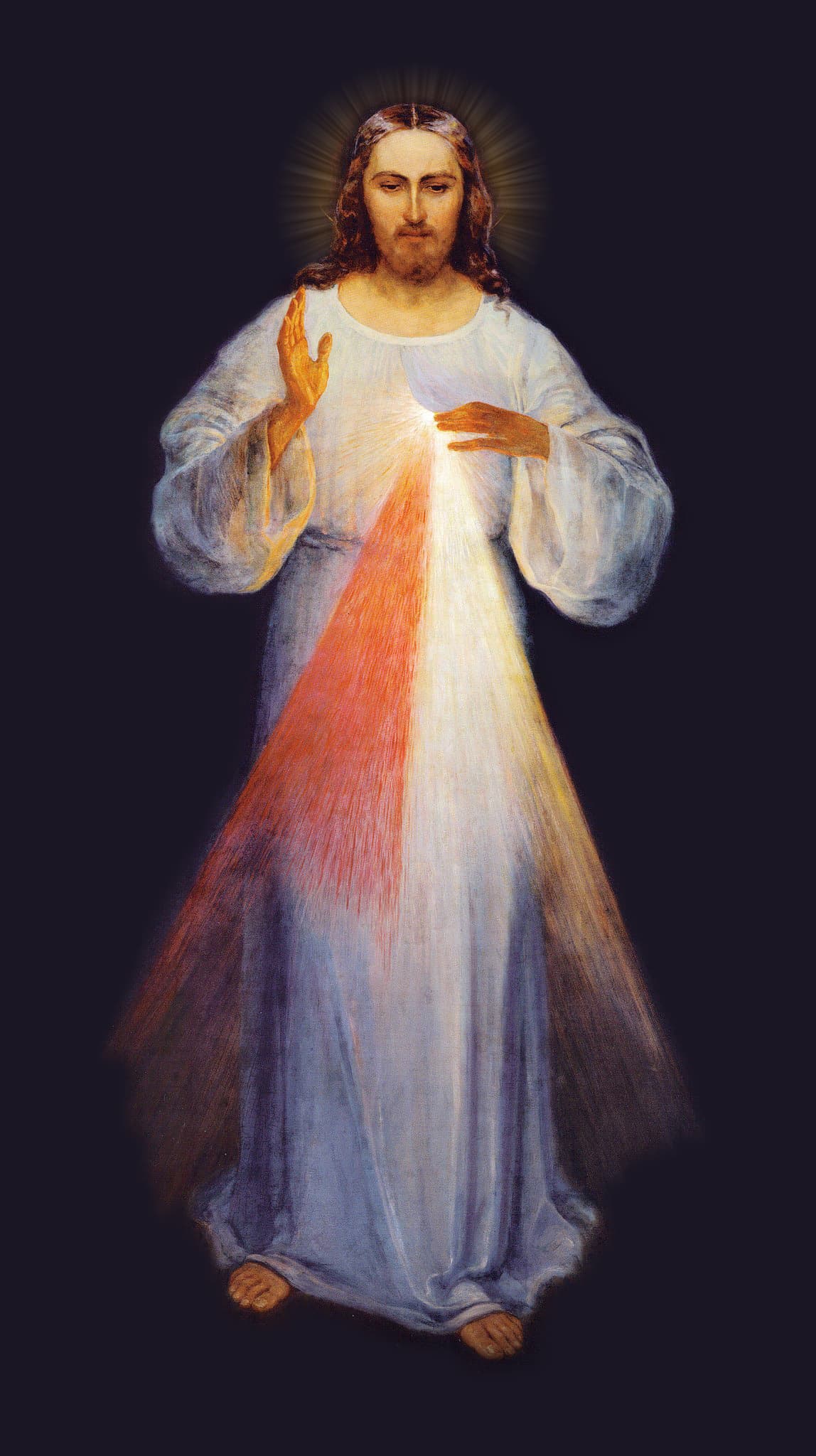 Divine Mercy Image - Jesus with red and white rays emanating from His heart